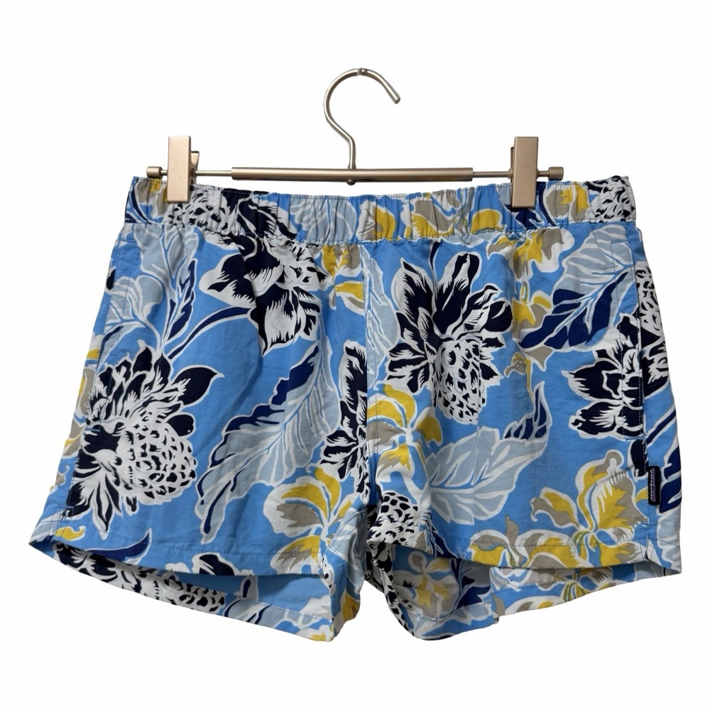 Patagonia Womens Baggies Floral Mini Shorts Size M Blue Beachy Tropical Vacay